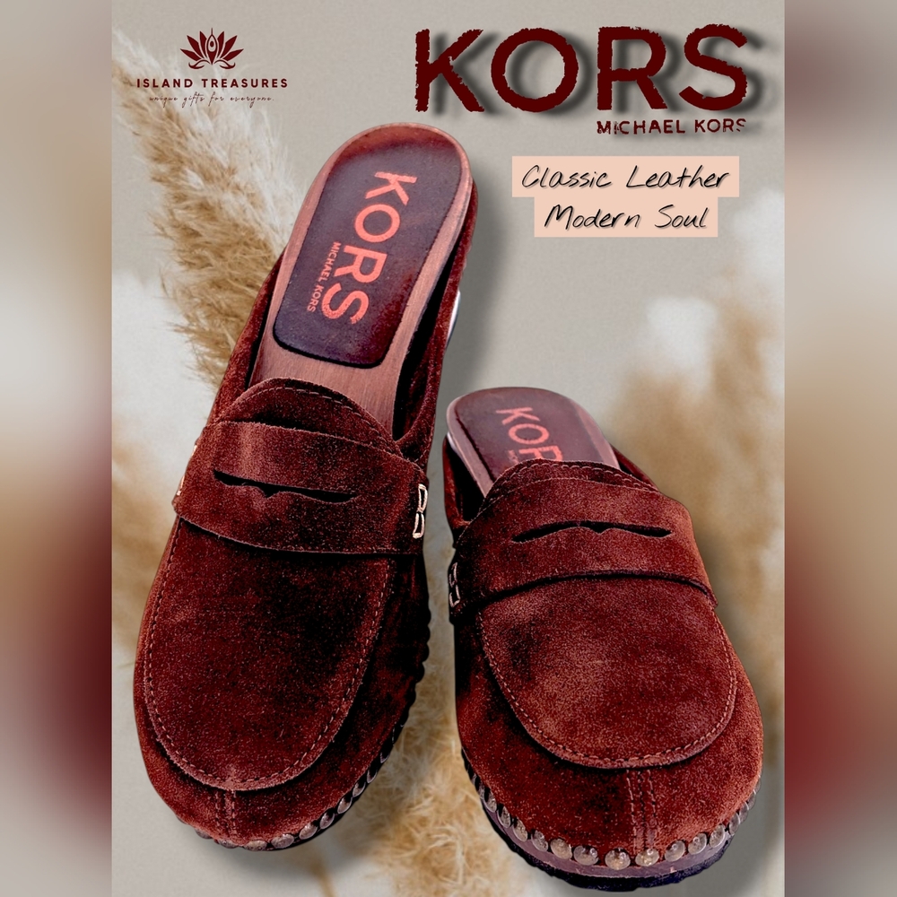 Michael Kors Women Sz 8 Studded Italian-Made Brown Suede Leather Clog Wood-Soles - Picture 17 of 17